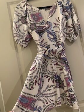 LOFT White Paisley Belted Mini Dress with Blue, Pink, Green Accents